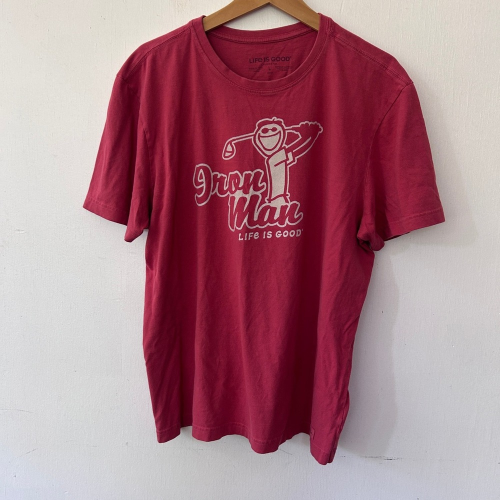 Life is Good T-Shirt Mens L Red Iron Man Golf Graphic Crusher Tee Sporty Dad
